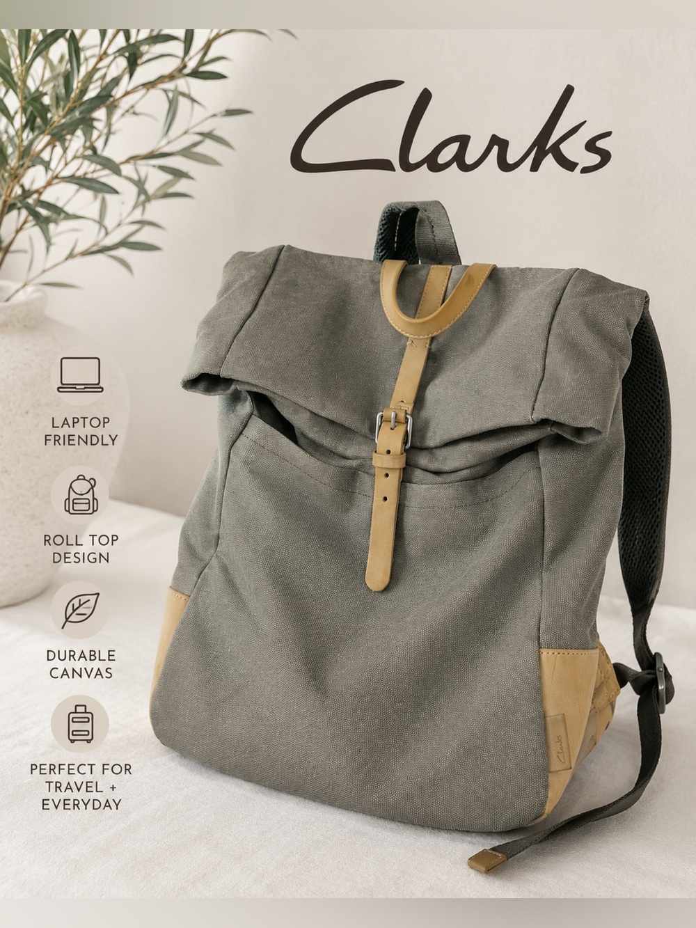 Clarks Gray Canvas Roll Top Backpack Laptop Travel Daypack Faux Leather Trim